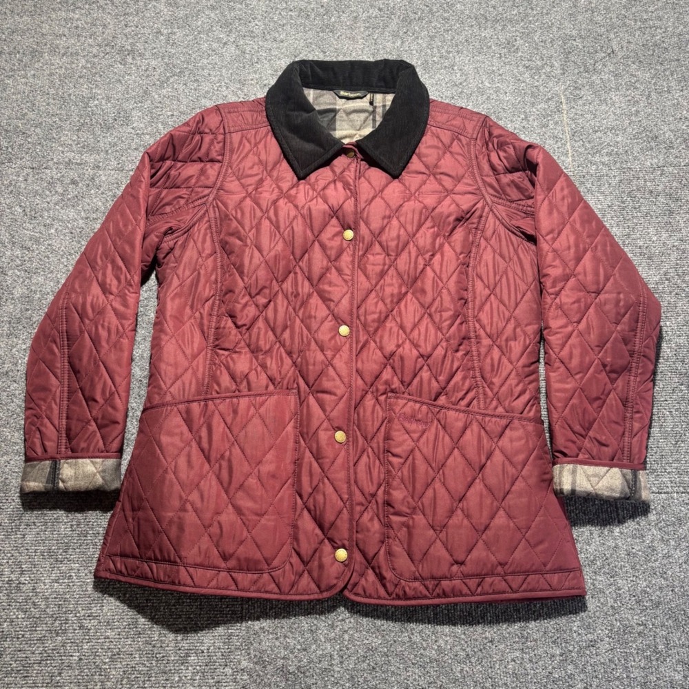 Barbour Winter Tartan Quilted Jacket Burgundy Corduroy Collar Womens Size 10